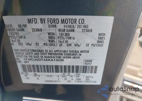 2010 Ford Escape Xlt from USA, damaged, VIN 1FMCU0D73AKA13030